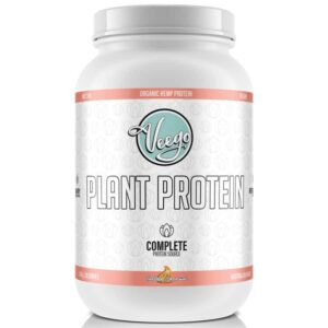 Close up image of Veego Plant Protein Salted Caramel flavour with a white background.