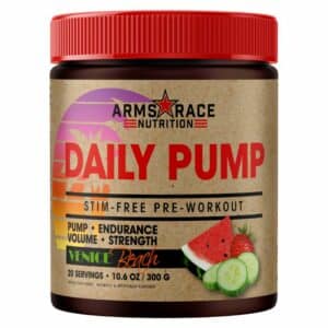A close-up digital rendering of the Arms Race Nutrition – Daily Pump supplement tub Venice Beach flavour, placed on a white background. The label on the tub is clearly visible, and the supplement's name is legible. The design and details of the tub are shown in high definition.