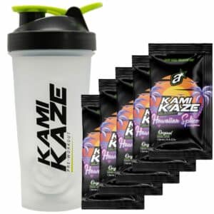 A close-up digital rendering of the Kamikaze Loaded Shaker, placed on a white background. The label on the bottle is clearly visible, and the supplement's name is legible. The design and details of the shaker are shown in high definition.