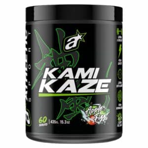 A close-up digital rendering of the Athletic Sport Kamikaze Pre-workout Apple Fizz flavour, placed on a white background. The label on the bottle is clearly visible, and the supplement's name is legible. The design and details of the bottle are shown in high definition.
