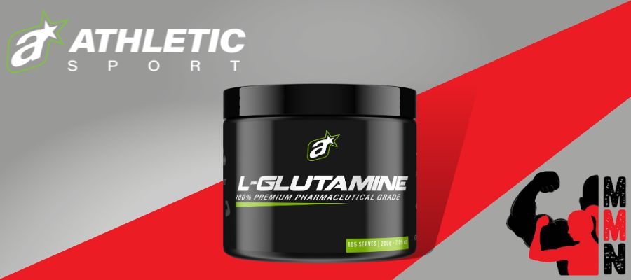A red and grey background featuring a render of Athletic Sport L-Glutamine, a 100% premium Pharmaceutical Grade 200g supplement. The label includes the Me Muscle Nutrition and Athletic Sport logos.