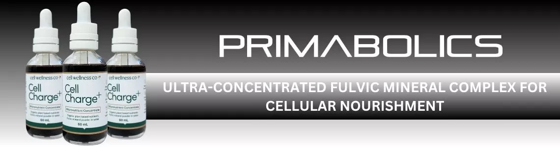 Me Muscle Nutrition banner featuring Cell Wellness Co Cell Charge bottles with Primabolics branding, highlighting ultra-concentrated fulvic mineral complex for cellular nourishment.
