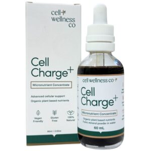 Cell Wellness Co Cell Charge+ Super Nutrient Booster 60mL bottle and box packaging, featuring vegan friendly, gluten free, and 100% natural claims – available at Me Muscle Nutrition.