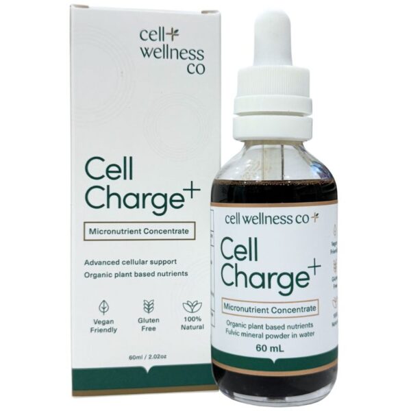 Cell Wellness Co Cell Charge+ Super Nutrient Booster 60mL bottle and box packaging, featuring vegan friendly, gluten free, and 100% natural claims – available at Me Muscle Nutrition.