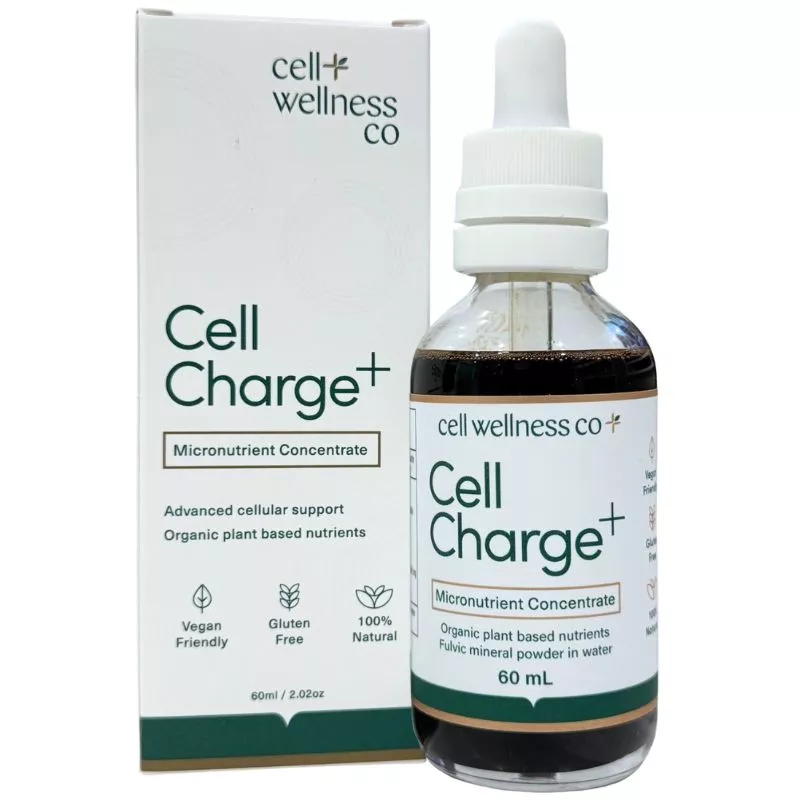 Cell Wellness Co Cell Charge+ Super Nutrient Booster 60mL bottle and box packaging, featuring vegan friendly, gluten free, and 100% natural claims – available at Me Muscle Nutrition.