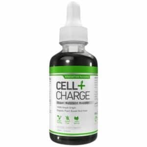A close-up digital rendering of Cell + Charge Super Nutrient Booster supplement bottle, placed on a white background. The label on the bottle is clearly visible, and the supplement's name is legible. The design and details of the bottle are shown in high definition.