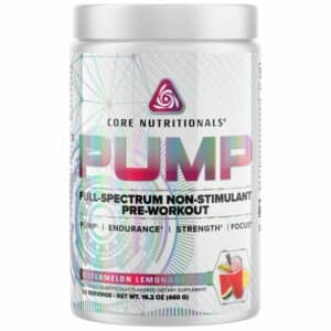 A close-up digital rendering of the Core Nutritionals Pump Non-Stim Pre-Workout supplement tub Watermelon Lemonade flavour, placed on a white background. The label on the tub is clearly visible, and the supplement's name is legible. The design and details of the tub are shown in high definition.