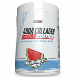 A close-up digital rendering of the EHP Labs Aqua Collagen Protein + Hydration Watermelon flavour supplement container, placed on a white background. The label on the container is clearly visible, and the supplement's name is legible. The design and details of the container are shown in high definition.