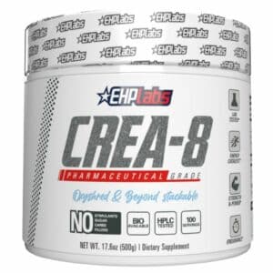 A close-up digital rendering of the EHP Labs Crea-8 creatine monohydrate500g supplement tub, placed on a white background. The label on the tub is clearly visible, and the supplement's name is legible. The design and details of the tub are shown in high definition.