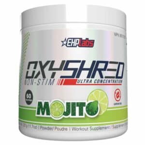 A close-up digital rendering of the EHP Labs Oxyshred Non-Stim Mojito flavour Thermogenic supplement container, placed on a white background. The label on the container is clearly visible, and the supplement's name is legible. The design and details of the container are shown in high definition.