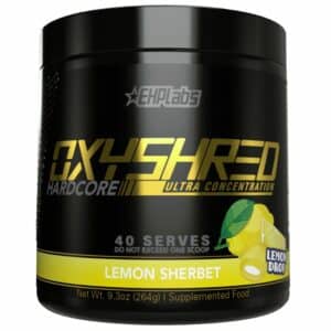 A close-up digital rendering of the EHP Labs Oxyshred Hardcore Lemon Sherbet flavour supplement container, placed on a white background. The label on the container is clearly visible, and the supplement's name is legible. The design and details of the container are shown in high definition.