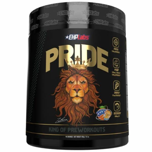 A close-up digital rendering of the EHP Labs Pride Fantasy Soda flavour Pre-Workout supplement bottle, placed on a white background. The label on the bottle is clearly visible, and the supplement's name is legible. The design and details of the bottle are shown in high definition.