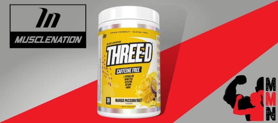 A website banner featuring a close-up image of Muscle Nation Three-D supplement, placed on a red and grey background. The supplement container is visible, with the Muscle Nation and Me Muscle Nutrition logos displayed prominently on the banner.