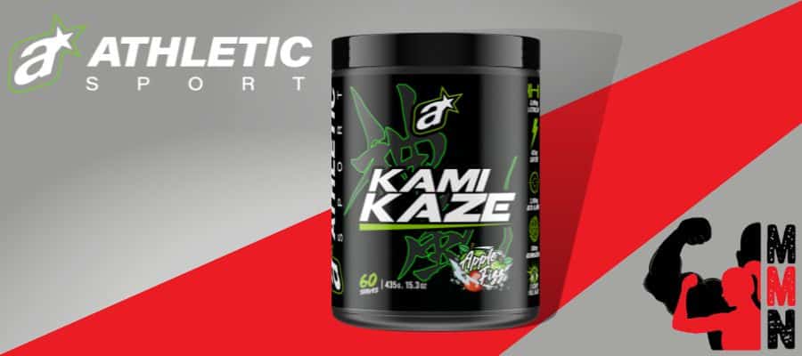 A nutrition panel of Athletic Sport Kamikaze Pre-workout supplement, placed on a red and grey background. The panel includes information about the supplement's ingredients, serving size, and nutritional facts. The Me Muscle Nutrition logo is located in the bottom right-hand corner of the image.
