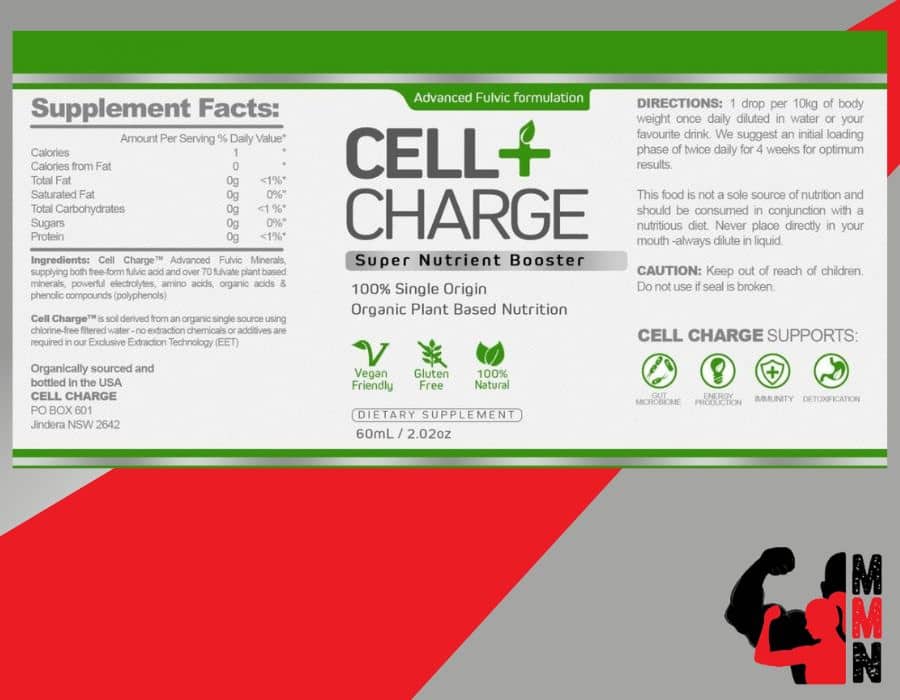 A nutrition panel of Cell Charge Super Nutrient Booster supplement, placed on a red and grey background. The panel includes information about the supplement's ingredients, serving size, and nutritional facts. The Me Muscle Nutrition logo is located in the bottom right-hand corner of the image.