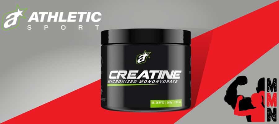 A website banner featuring a close-up image of Athletic Sport Creatine 200g supplement, placed on a red and grey background. The supplement container is visible, with the Athletic Sport and Me Muscle Nutrition logos displayed prominently on the label.