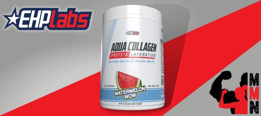 A website banner featuring a close-up image of EHP Labs Aqua Collagen Protein + Hydration supplement, placed on a red and grey background. The supplement container is visible, with the Athletic Sport and Me Muscle Nutrition logos displayed prominently on the label.