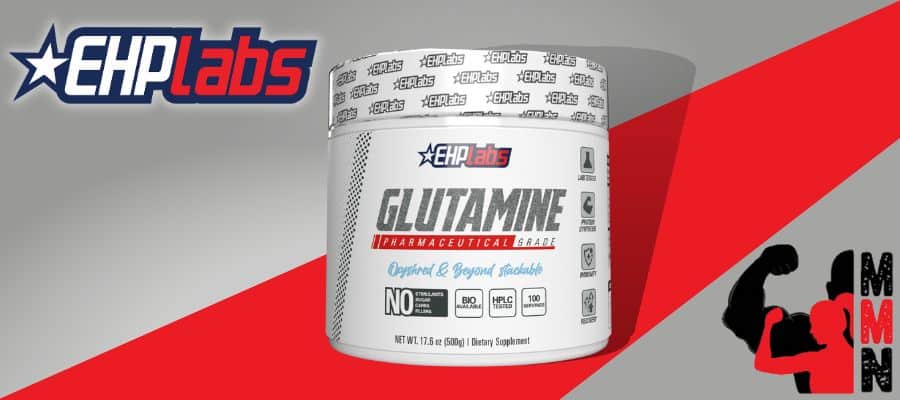 A website banner featuring a close-up image of EHP Labs Glutamine supplement, placed on a red and grey background. The supplement container is visible, with the EHP Labs and Me Muscle Nutrition logos displayed prominently on the label.