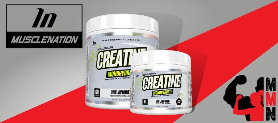 A website banner featuring a close-up image of Muscle Nation Creatine 30 and 60 serves tubs side by side, placed on a red and grey background. The supplement container is visible, with the Athletic Sport and Me Muscle Nutrition logos displayed prominently on the label.