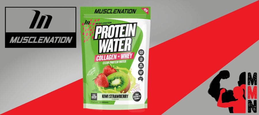 A website banner featuring a close-up image of Muscle Nation Protein Water supplement, placed on a red and grey background. The supplement bag is visible, with the Muscle Nation and Me Muscle Nutrition logos displayed prominently on the banner.
