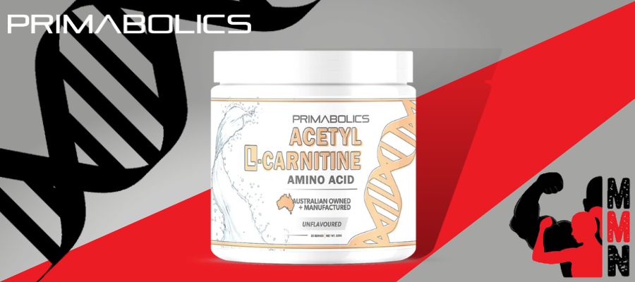 A website banner featuring a close-up image of Primabolics L-Carnitine Amino Acid supplement, placed on a red and grey background. The supplement container is visible, with the Primabolics and Me Muscle Nutrition logos displayed prominently on the label.