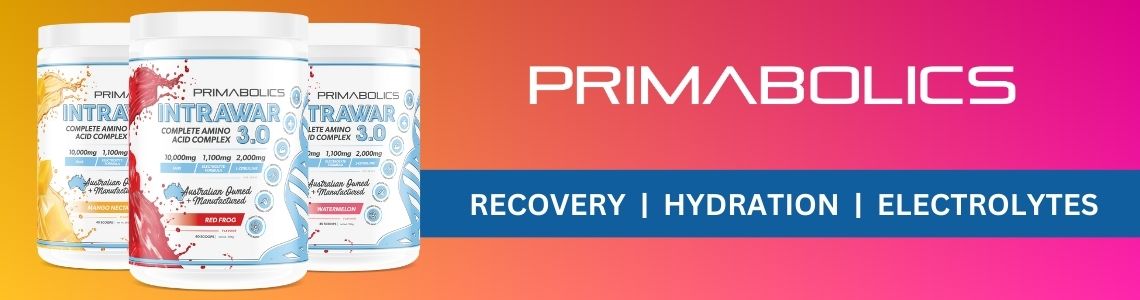 Primabolics Intrawar 3.0 containers in Mango Nectar, Red Frog, and Watermelon flavors, featuring the tagline 'Recovery | Hydration | Electrolytes' on a vibrant gradient background.