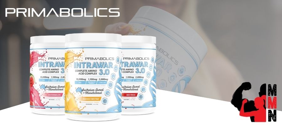 Primabolics Intrawar 3.0 containers in Watermelon, Mango Nectar, and Red Frog flavors, displayed with the Me Muscle Nutrition logo.