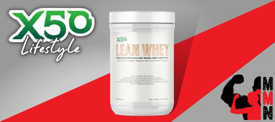 "A banner featuring the X50 Lean Whey protein supplement from Me Muscle Nutrition, with a red and grey background and the X50 and Me Muscle Nutrition logos prominently displayed."