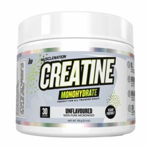 A close-up digital rendering of the Muscle Nation Creatine 30 serves tub, placed on a white background. The label on the tub is clearly visible, and the supplement's name is legible. The design and details of the tub are shown in high definition.