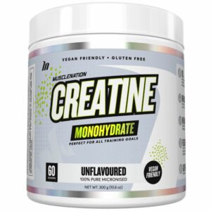 A close-up digital rendering of the Muscle Nation Creatine 60 serves tub, placed on a white background. The label on the tub is clearly visible, and the supplement's name is legible. The design and details of the tub are shown in high definition.