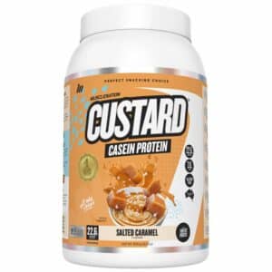 Image of Muscle Nation Custard Casein Protein, close up with white background
