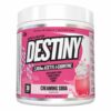 A close-up digital rendering of the Muscle Nation Destiny, Creaming Soda flavour supplement tub, placed on a white background. The label on the tub is clearly visible, and the supplement's name is legible. The design and details of the tub are shown in high definition.