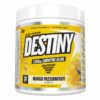 A close-up digital rendering of the Muscle Nation Destiny, Mango Passionfruit flavour supplement tub, placed on a white background. The label on the tub is clearly visible, and the supplement's name is legible. The design and details of the tub are shown in high definition.
