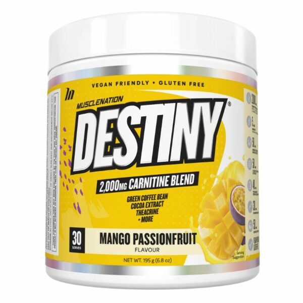 A close-up digital rendering of the Muscle Nation Destiny, Mango Passionfruit flavour supplement tub, placed on a white background. The label on the tub is clearly visible, and the supplement's name is legible. The design and details of the tub are shown in high definition.