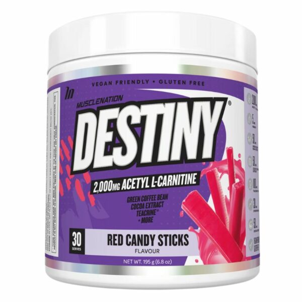 A close-up digital rendering of the Muscle Nation Destiny, Red Candy Sticks flavour supplement tub, placed on a white background. The label on the tub is clearly visible, and the supplement's name is legible. The design and details of the tub are shown in high definition.