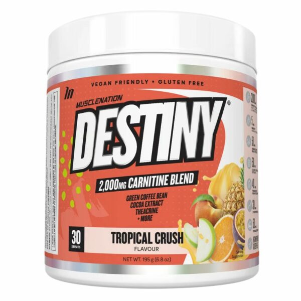 A close-up digital rendering of the Muscle Nation Destiny, Tropical Crush flavour supplement tub, placed on a white background. The label on the tub is clearly visible, and the supplement's name is legible. The design and details of the tub are shown in high definition.