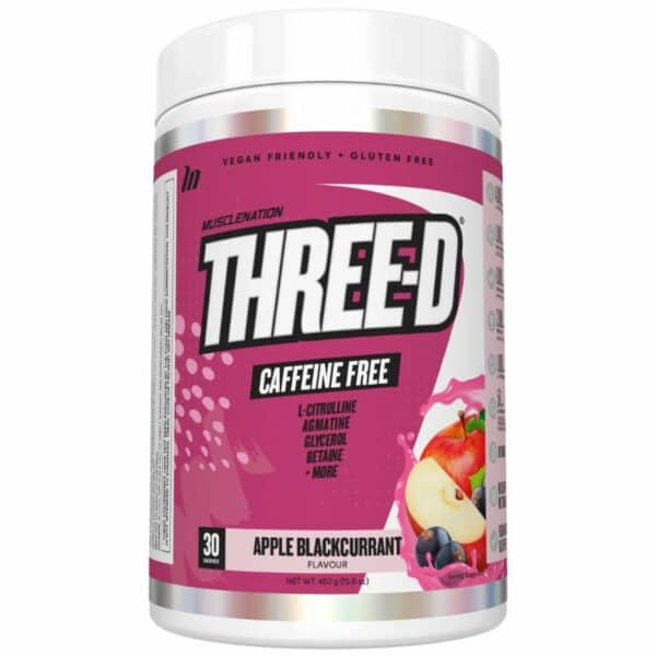 A close-up digital rendering of the Muscle Nation Three-D Apple Blackcurrant flavour supplement tub, placed on a white background. The label on the tub is clearly visible, and the supplement's name is legible. The design and details of the tub are shown in high definition.