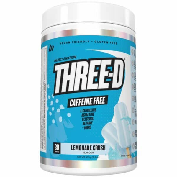 A close-up digital rendering of the Muscle Nation Three-D Lemonade Crush flavour supplement tub, placed on a white background. The label on the tub is clearly visible, and the supplement's name is legible. The design and details of the tub are shown in high definition.