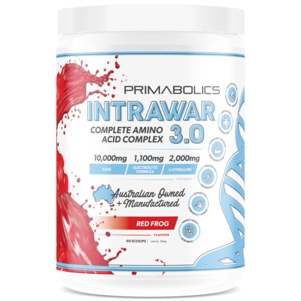 Primabolics Intrawar 3.0 in Red Frog flavor, offering a complete amino acid complex to support recovery, hydration, and endurance, proudly Australian owned and manufactured.
