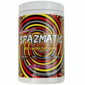 A close-up digital rendering of the Spazmatic Pre-Workout Grape Punch flavour supplement container, placed on a white background. The label on the container is clearly visible, and the supplement's name is legible. The design and details of the container are shown in high definition.