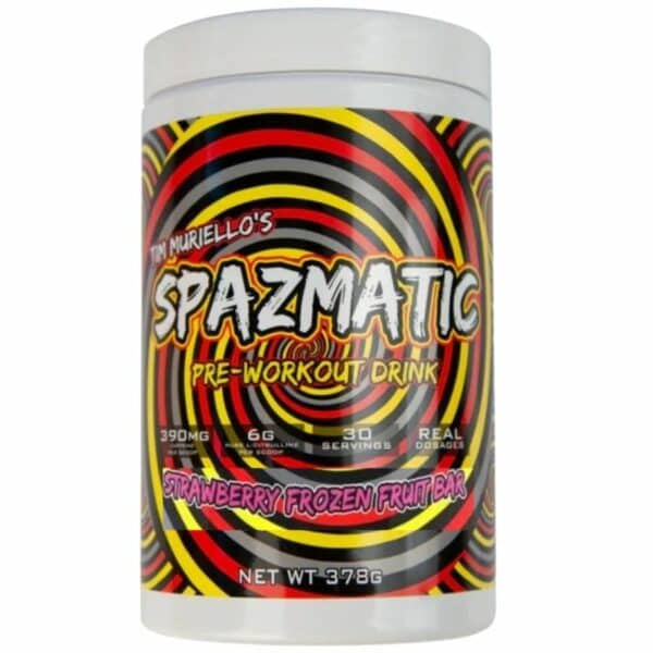 A close-up digital rendering of the Spazmatic Pre-Workout Strawberry Frozen Fruit Bar flavour, supplement container, placed on a white background. The label on the container is clearly visible, and the supplement's name is legible. The design and details of the container are shown in high definition.