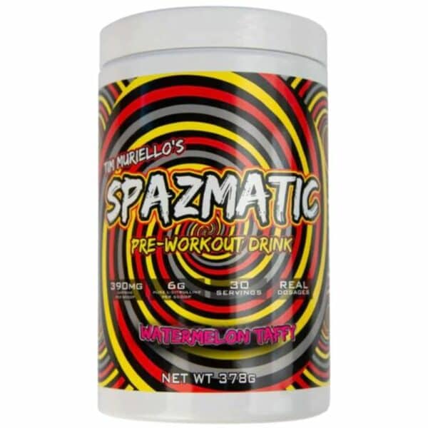 A close-up digital rendering of the Spazmatic Pre-Workout Watermelon Taffy flavour, supplement container, placed on a white background. The label on the container is clearly visible, and the supplement's name is legible. The design and details of the container are shown in high definition.