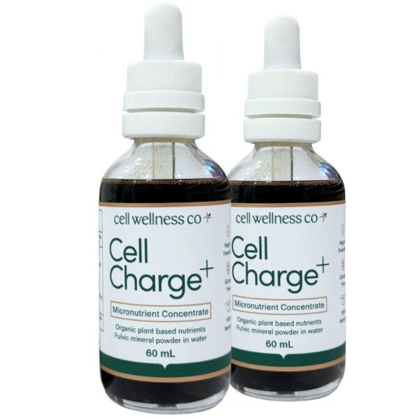 Cell Wellness Co Cell + Charge Twin Pack – 60mL Micronutrient Concentrate bottles, available at Me Muscle Nutrition. Vegan-friendly, gluten-free, and 100% natural dietary support.