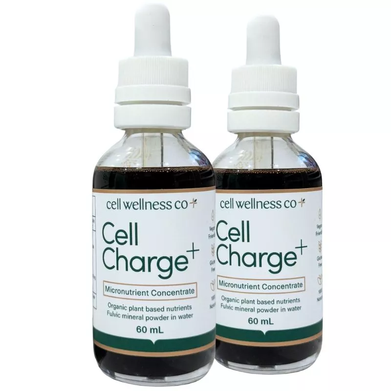 Cell Wellness Co Cell + Charge Twin Pack – 60mL Micronutrient Concentrate bottles, available at Me Muscle Nutrition. Vegan-friendly, gluten-free, and 100% natural dietary support.