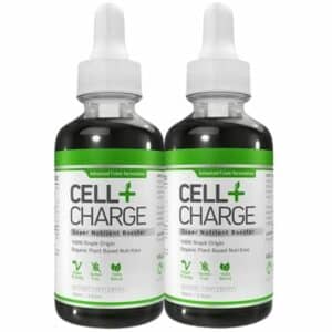 A close-up digital rendering of Cell + Charge Super Nutrient Booster twin pack supplement bottles, placed on a white background. The labels on the bottles are clearly visible, and the supplement's names are legible. The design and details of the bottles are shown in high definition.