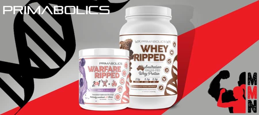 Primabolics Whey Ripped and Warfare Ripped banner red and grey background with Primabolics and Me Muscle Nutrition logos