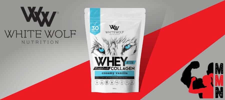 close up image of White Wolf Whey Better, banner red and grey background with Me Muscle Nutrition and White Wolf logos.