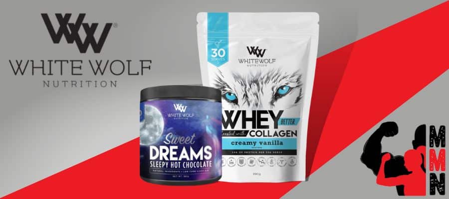 Image of White Wolf Nutrition Whey Better and Sweet Dreams, red and grey background with Me Muscle Nutrition and White Wolf logos