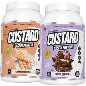 A close-up digital rendering of the Muscle Nation Custard Twin-Pack supplement containers, placed on a white background. The label on the containers are clearly visible, and the supplement's names are legible. The design and details of the containers are shown in high definition.
