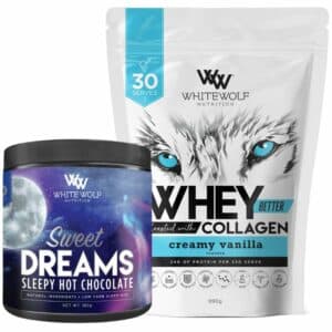 close up image of White Wolf Whey Better and Sweet Dreams with white background